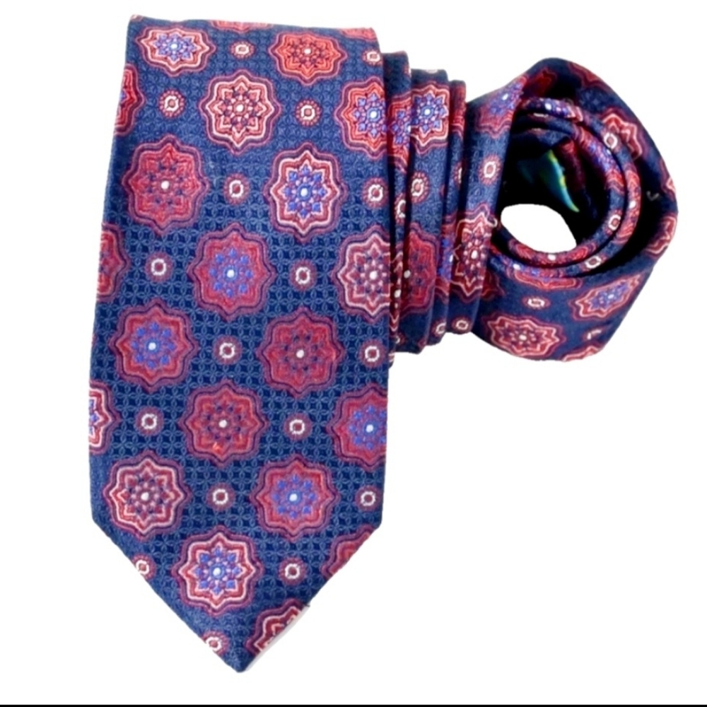 Ted Baker London Navy Medallion Floral Mandala 100% Silk Tie